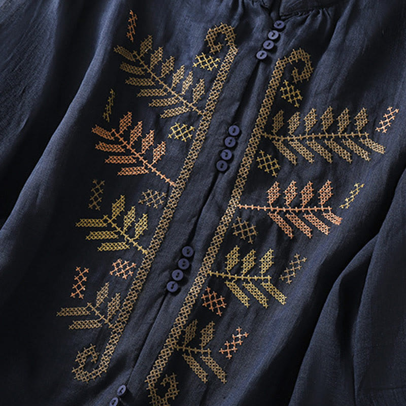 Buddha Stones Casual damesblouse met artistiek geborduurd bladmotief en Mouwlengte - image 12