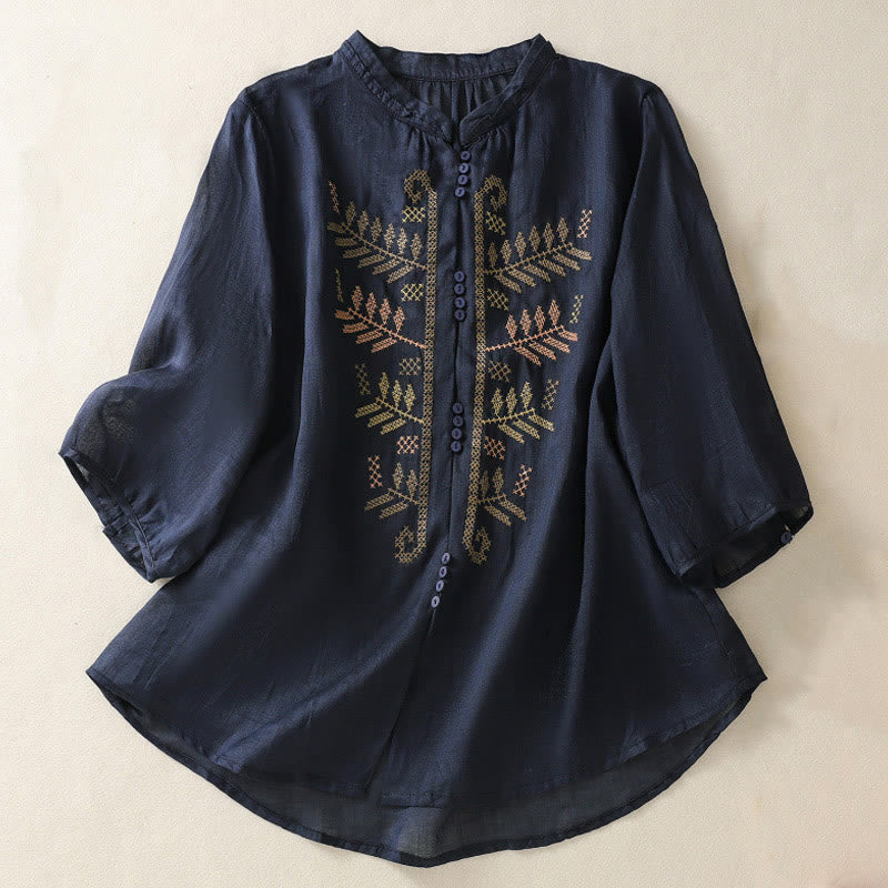 Buddha Stones Casual damesblouse met artistiek geborduurd bladmotief en Mouwlengte - Middernachtblauw - US8-10，UK/AU12-14，EU40-42 (2XL) - image 8