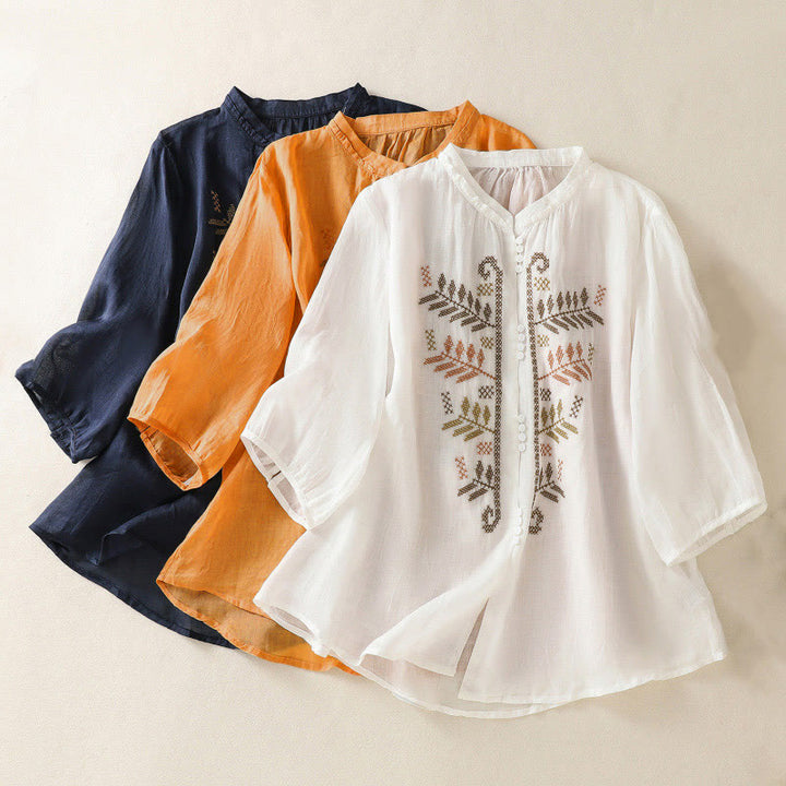 Buddha Stones Casual damesblouse met artistiek geborduurd bladmotief en Mouwlengte - image 22