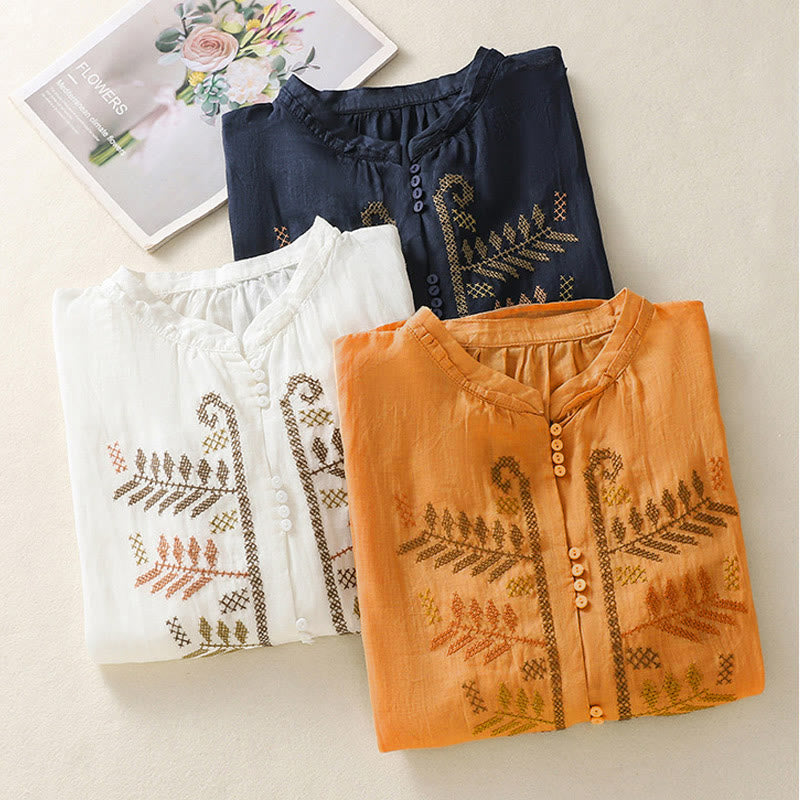 Buddha Stones Casual damesblouse met artistiek geborduurd bladmotief en Mouwlengte - image 23