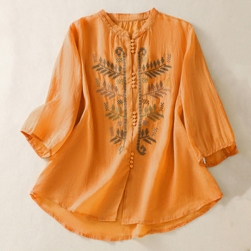 Buddha Stones Casual damesblouse met artistiek geborduurd bladmotief en Mouwlengte - Oranje - US8-10，UK/AU12-14，EU40-42 (2XL) - image 0