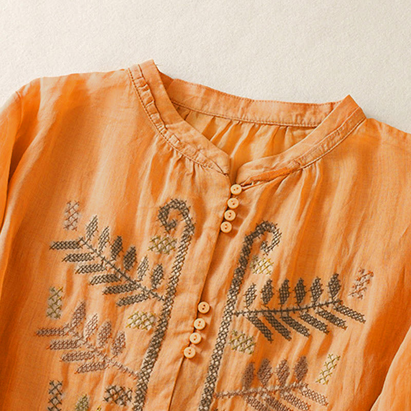 Buddha Stones Casual damesblouse met artistiek geborduurd bladmotief en Mouwlengte - image 2