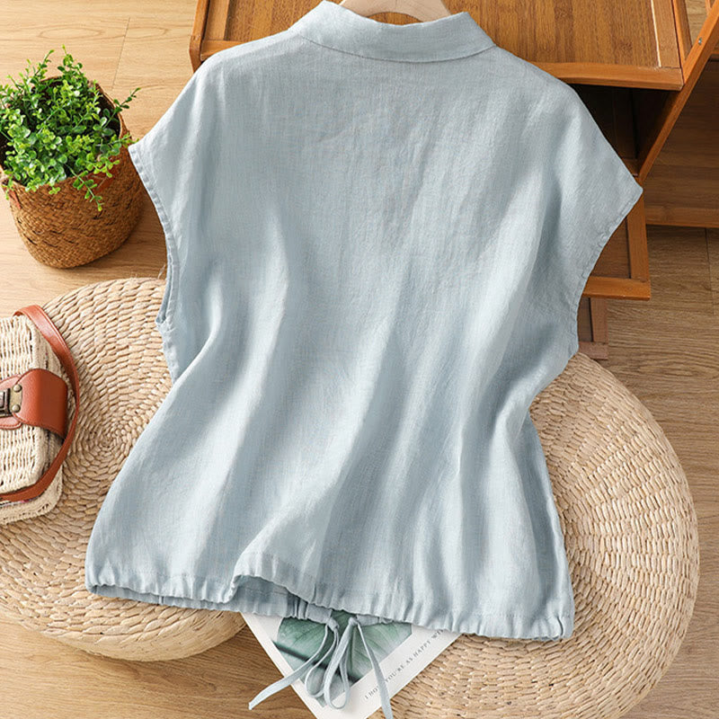 Buddha Stones Zomerse effen damesblouse met knoopsluiting en Korte mouw - image 2
