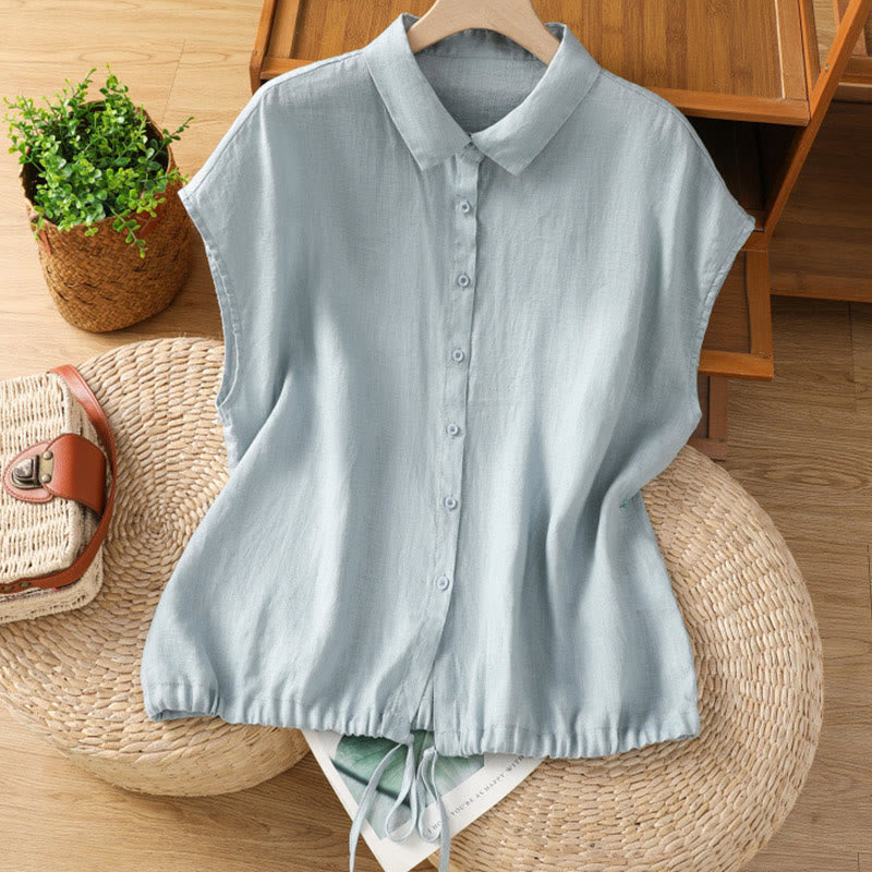 Buddha Stones Zomerse effen damesblouse met knoopsluiting en Korte mouw - Lichtblauw - US12, UK/AU16, EU44 (2XL) - image 0