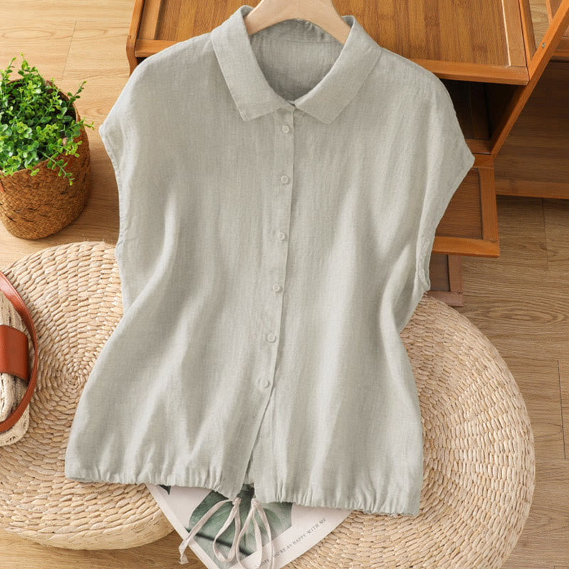 Buddha Stones Zomerse effen damesblouse met knoopsluiting en Korte mouw - Linnen - US12, UK/AU16, EU44 (2XL) - image 23