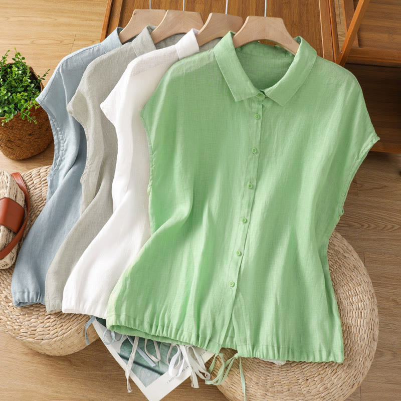 Buddha Stones Zomerse effen damesblouse met knoopsluiting en Korte mouw - image 1