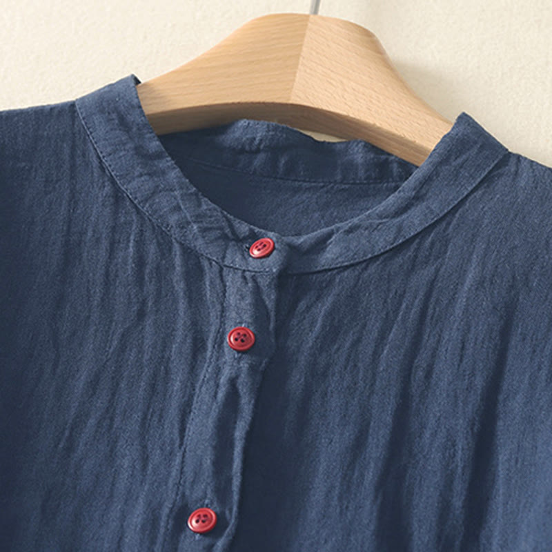 Buddha Stones Zomerse effen rode blouse met knoopjes en Korte mouw voor dames - image 1