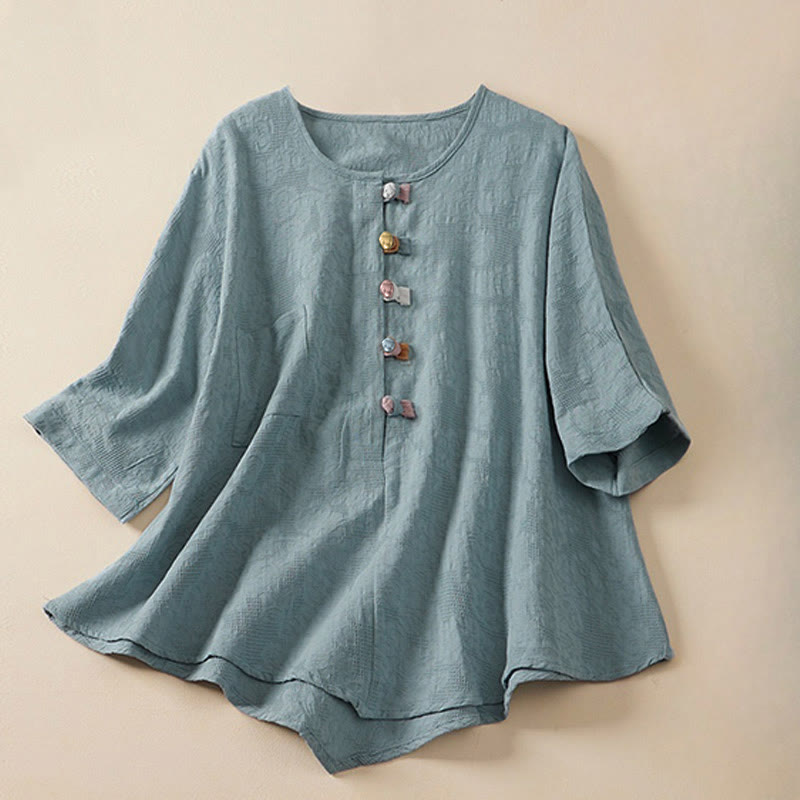 Buddha Stones Casual damesblouse met kleurrijke bloemen en kikkerknopen en korte Mouwlengte . - Licht Hemelsblauw - US8-10，UK/AU12-14，EU40-42 (2XL) - image 0