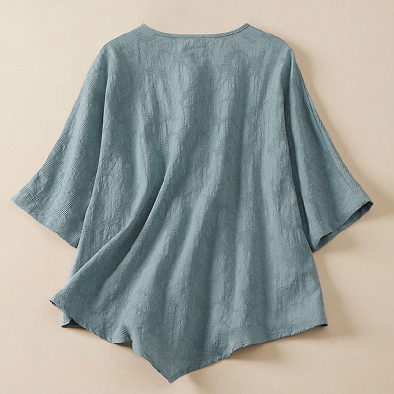 Buddha Stones Casual damesblouse met kleurrijke bloemen en kikkerknopen en korte Mouwlengte . - image 1