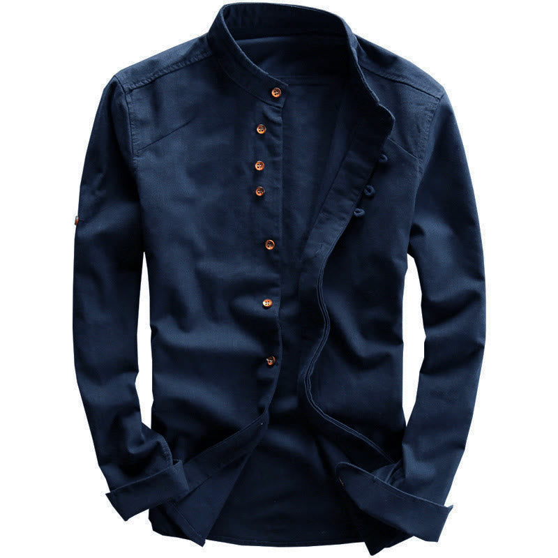 Buddha Stones Slim Fit model, opstaande kraag , Ronde hals , katoen-linnen herenoverhemd met Lange mouw - image 1