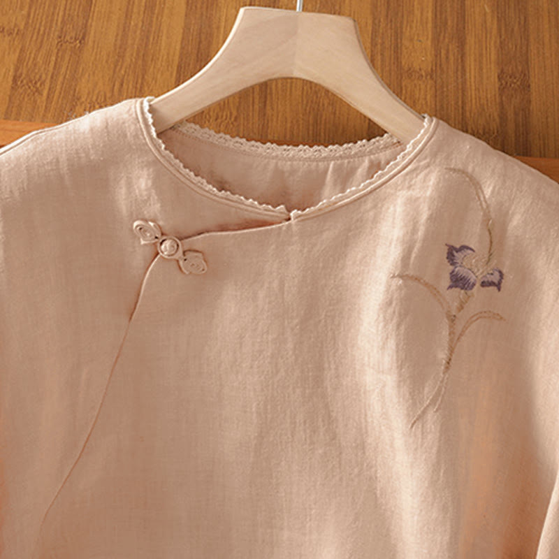 Buddha Stones Zomerse Tang Style Vintage geborduurde kikkerknopen bloemen dames T-Overhemden met Korte mouw - image 1