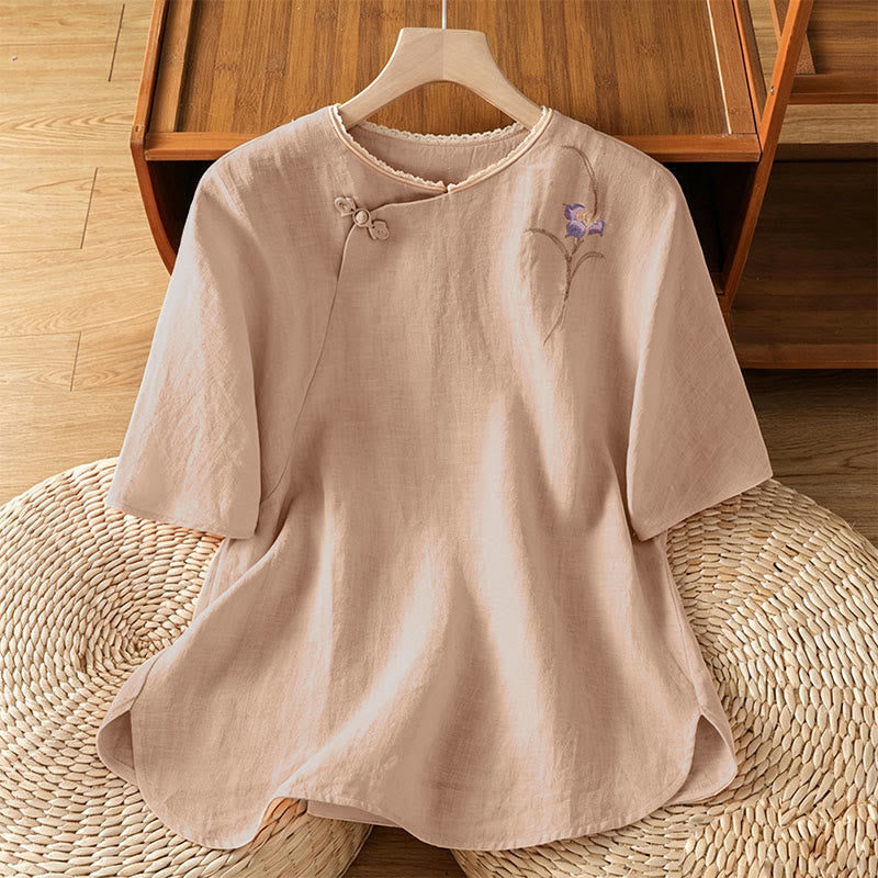 Buddha Stones Zomerse Tang Style Vintage geborduurde kikkerknopen bloemen dames T-Overhemden met Korte mouw - Bisque - US8-10, UK/AU12-14, EU40-42 (2XL) - image 0