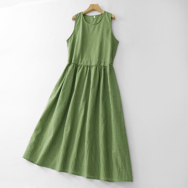 Buddha Stones Zomerse, casual, elegante, groene gestreepte Ronde hals met Mouwloos voor dames - image 1