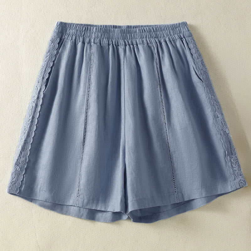 Buddha Stones Zomerse casual boho damesshorts met effen kleur, decoratieve kant aan de zijkant en Zakken. - Lichtstaalblauw - US8-10, UK/AU12-14, EU40-42 (2XL) - image 0