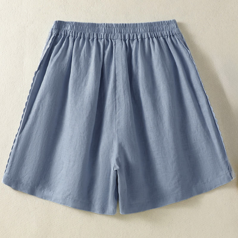 Buddha Stones Zomerse casual boho damesshorts met effen kleur, decoratieve kant aan de zijkant en Zakken. - image 1