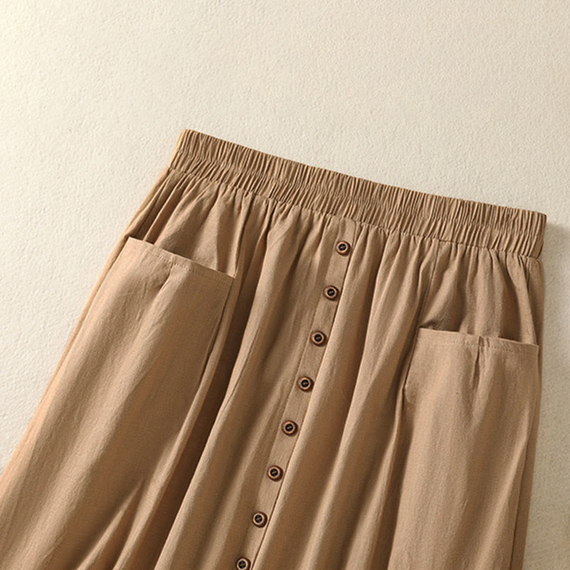 Buddha Stones Zomerse casual boho damesrok met knoopsluiting en Zakken , effen kleur. - image 2