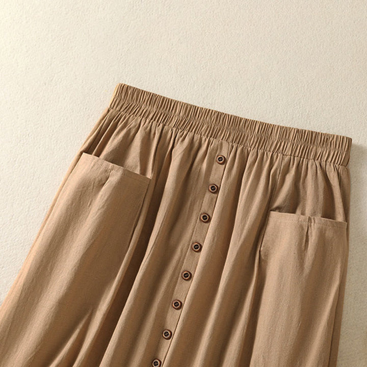 Buddha Stones Zomerse casual boho damesrok met knoopsluiting en Zakken , effen kleur. - image 2