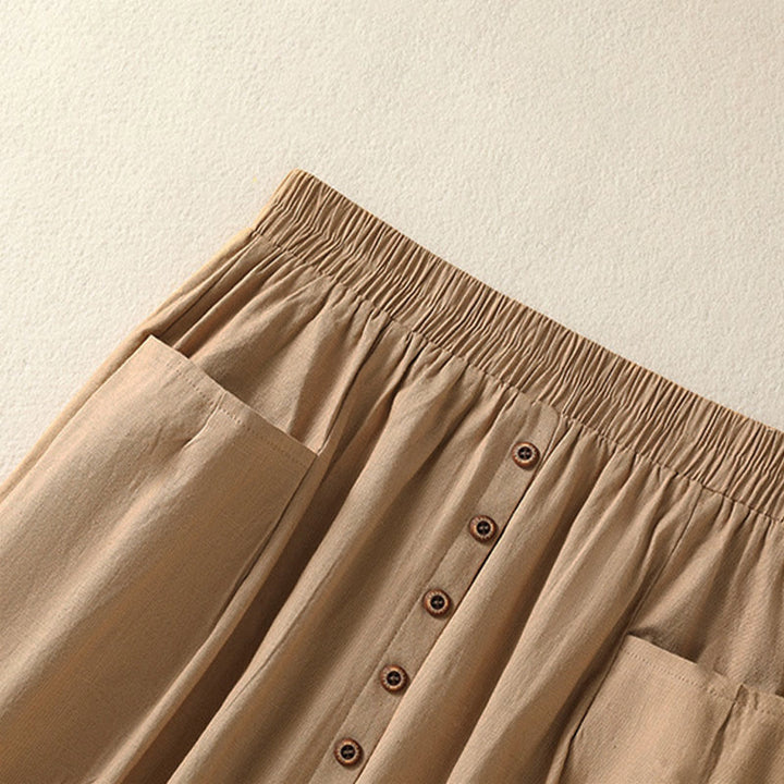 Buddha Stones Zomerse casual boho damesrok met knoopsluiting en Zakken , effen kleur. - image 4