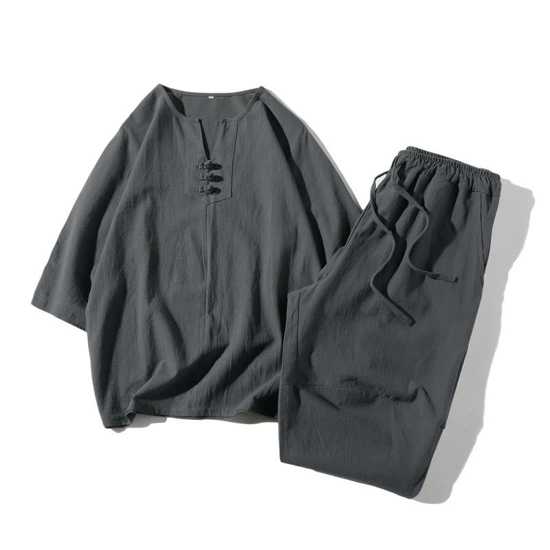 Buddha Stones 2-delige set: effen T-shirt met reverskraag, wijde shorts met Zakken , meditatiekleding voor heren - Leigrijs - US/UK/AU46, EU56 (5XL) - image 0