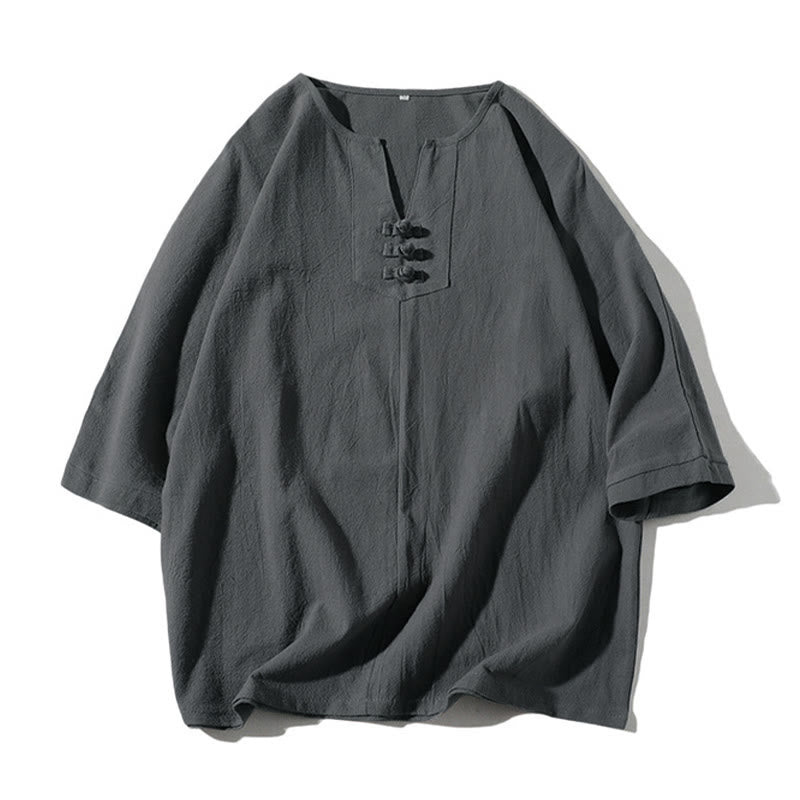 Buddha Stones 2-delige set: effen T-shirt met reverskraag, wijde shorts met Zakken , meditatiekleding voor heren - image 1