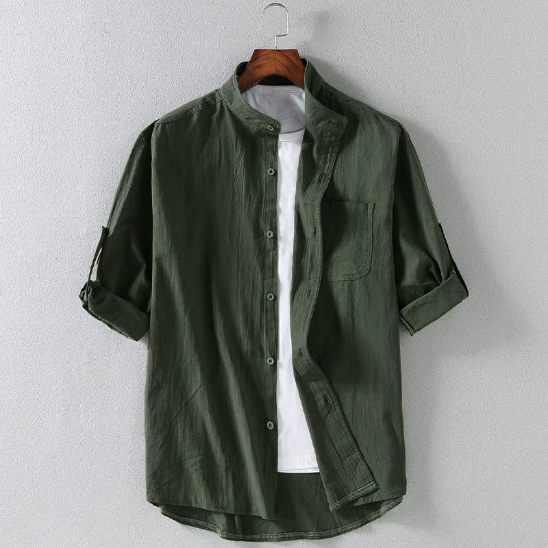 Buddha Stones Vintage Casual Effen Herenoverhemd met Enkele Rij Mouwlengte en Driekwart Mouwen en Zak - Donkergroen - US/UK/AU46, EU56 (5XL) - image 0