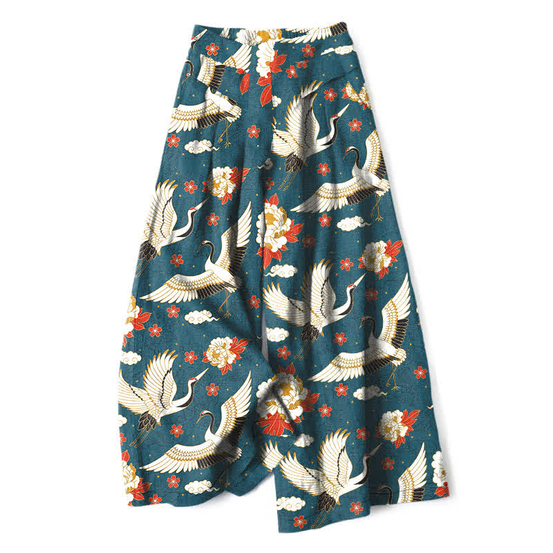 Buddha Stones Katoenen linnen damesbroek met wijde pijpen, elastische Taille en Zakken , met kraanvogel- en bloesemprint. - Teal - US16, UK/AU20, EU48 (3XL) - image 0