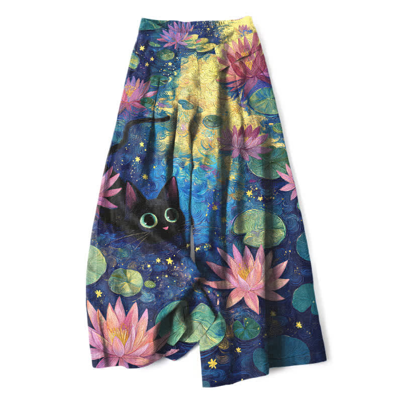 Buddha Stones Katoenen en linnen damesbroek met elastische Taille, wijde pijpen en Zakken , met een hemels bloemen-, katten- en lotuspatroon. - Marine - US16, UK/AU20, EU48 (3XL) - image 0