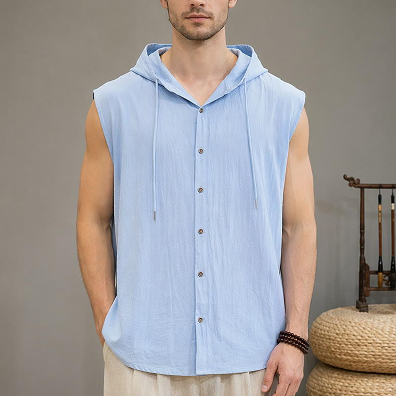 Buddha Stones Zomerse casual minimalistische tanktop met knoopsluiting en trekkoord, effen kleur, Mouwloos Overhemden voor heren - Lichtblauw - US/UK/AU46, EU56 (3XL) - image 0