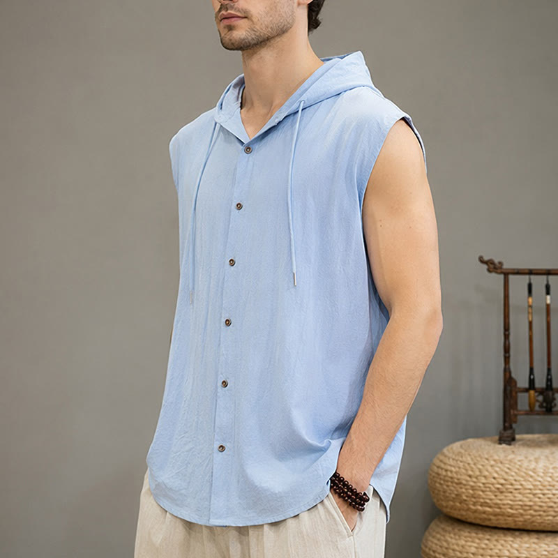 Buddha Stones Zomerse casual minimalistische tanktop met knoopsluiting en trekkoord, effen kleur, Mouwloos Overhemden voor heren - image 1