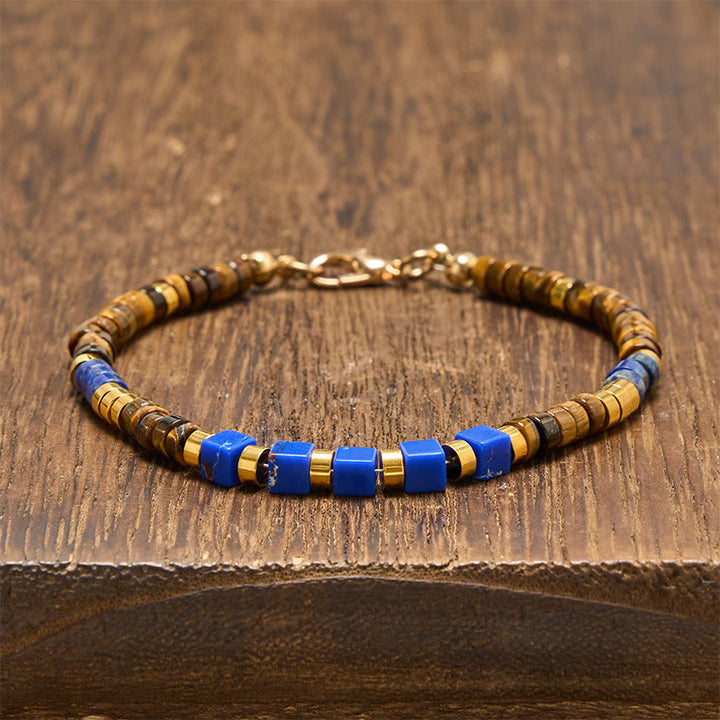 Buddha Stones Armband met vierkante kralen van lapis lazuli en tijgeroog. - Lapis lazuli &amp; tijgeroog (Polsomtrek: 18-20 cm) - image 0