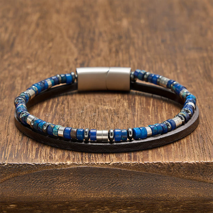 Buddha Stones Lapis Lazuli Truth Dubbelgewikkelde Leren Armband - Cilindrische lapis lazuli (Polsomtrek: 19-20 cm) - image 0