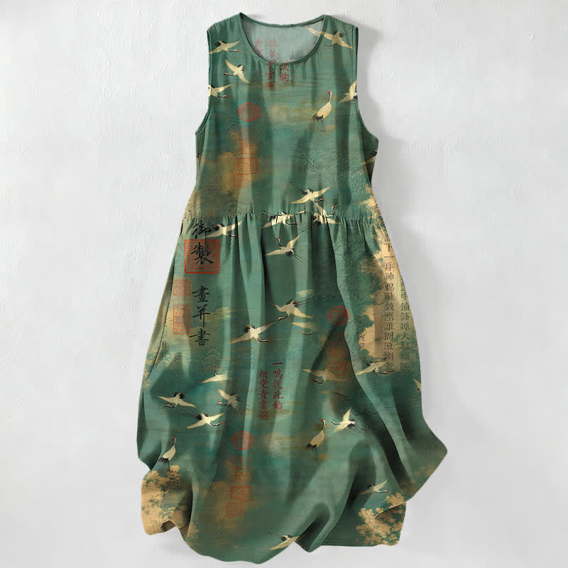 Buddha Stones Zomerse casual Mouwloos Midi -jurk voor dames met Zakken , met oosters patroon van vliegende kraanvogels en kalligrafie. - Zeegroen - US16, UK/AU20, EU48 (3XL) - image 0