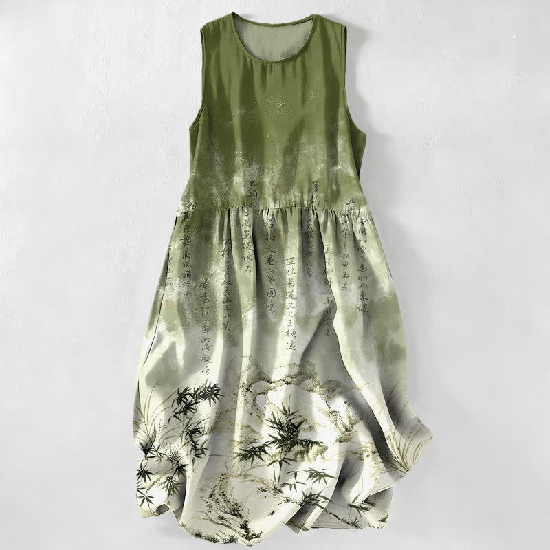 Buddha Stones Zomerse casual Midi voor dames met bamboe landschapspatroon, Mouwloos en met Zakken. - Olijfgroen - US16, UK/AU20, EU48 (3XL) - image 0