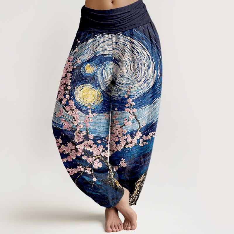 Buddha Stones Harembroek voor dames met elastische Taille , 100% Cotton met een sterrenbloesem- en wervelpatroon. - Marine - US16, UK/AU20, EU48 (3XL) - image 0