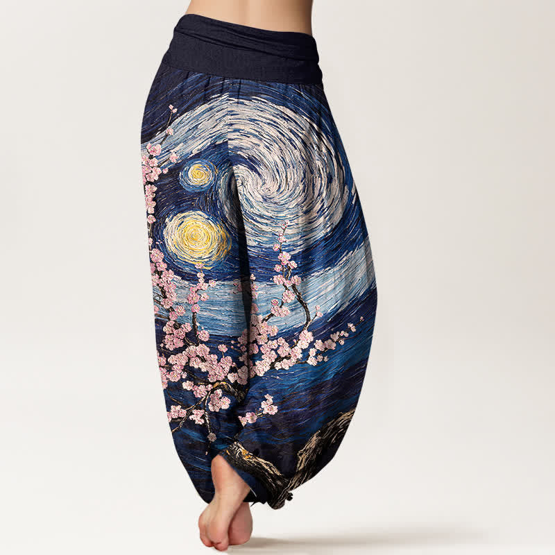 Buddha Stones Harembroek voor dames met elastische Taille , 100% Cotton met een sterrenbloesem- en wervelpatroon. - image 1