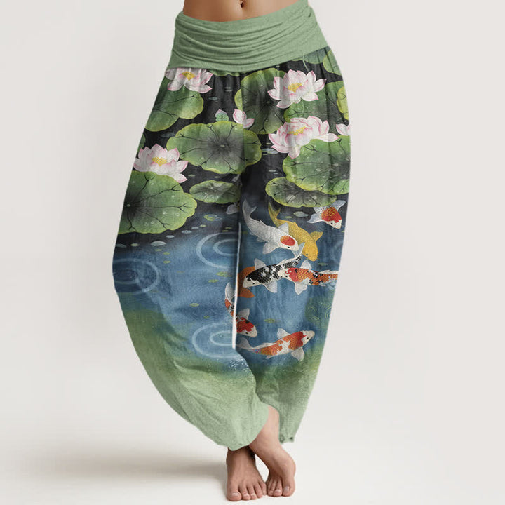 Buddha Stones Dames harembroek met elastische Taille en lotus- en koivijverpatroon - Olijfgroen - US16, UK/AU20, EU48 (3XL) - image 0