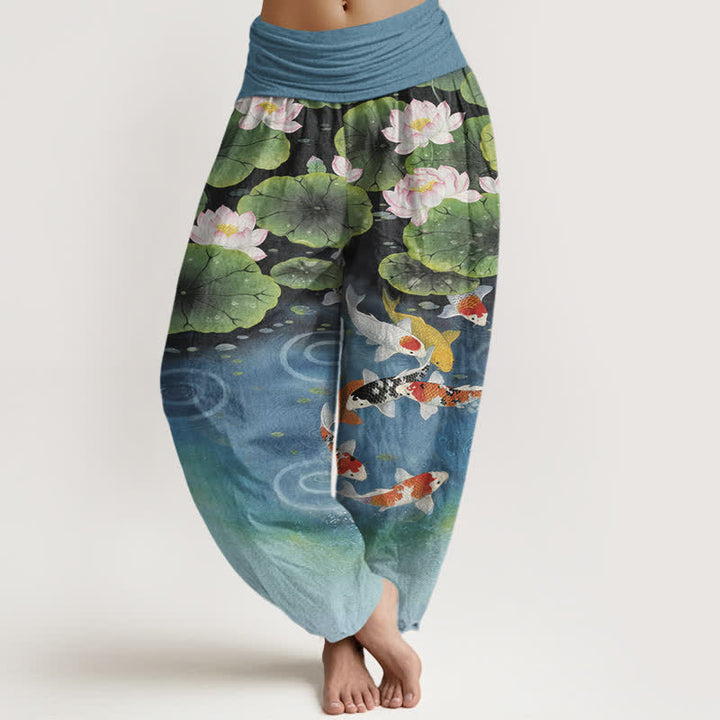Buddha Stones Dames harembroek met elastische Taille en lotus- en koivijverpatroon - Staalblauw - US16, UK/AU20, EU48 (3XL) - image 5