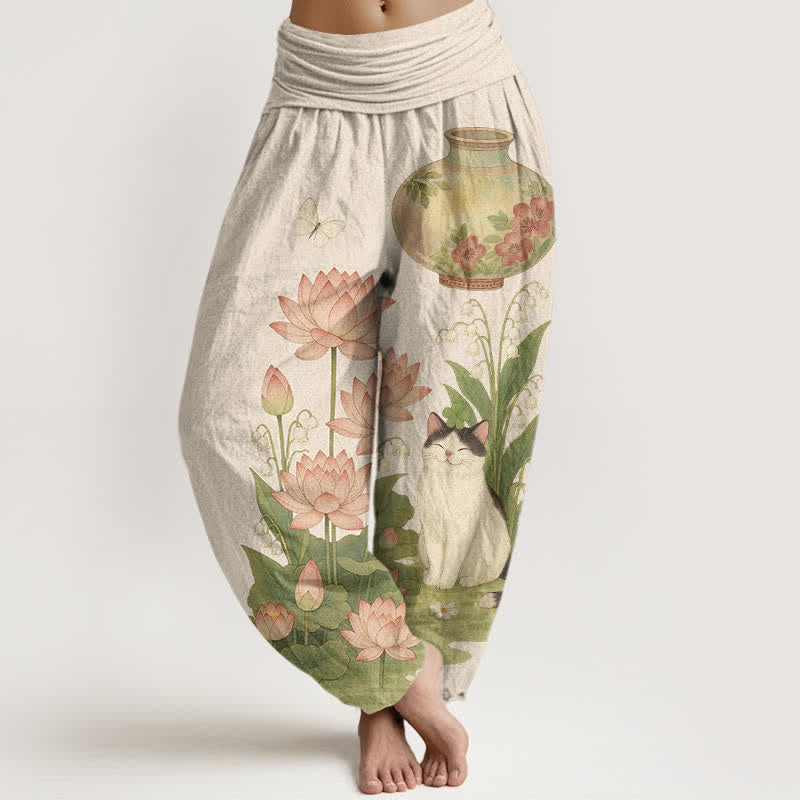 Buddha Stones Harembroek voor dames met elastische Taille en lotus- en kattenprint van 100% Cotton - Beige - US16, UK/AU20, EU48 (3XL) - image 0