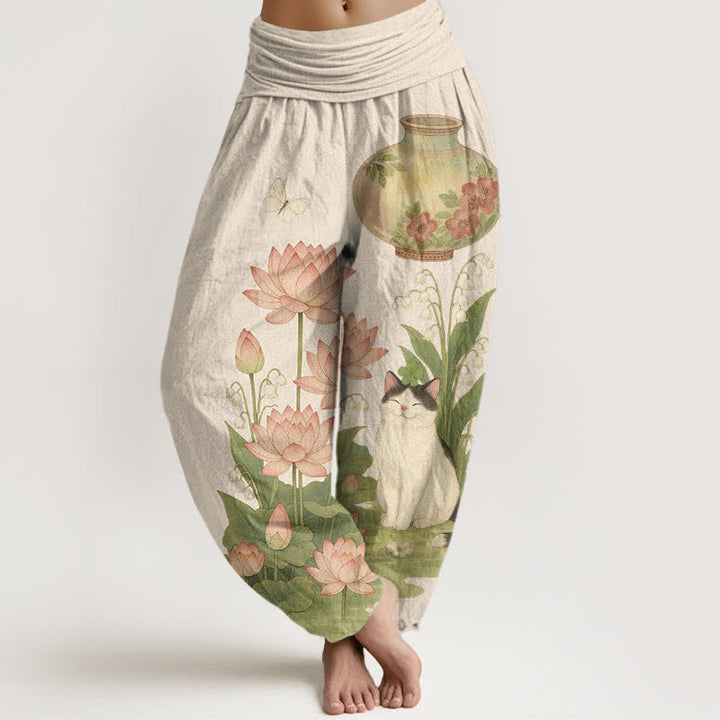 Buddha Stones Harembroek voor dames met elastische Taille en lotus- en kattenprint van 100% Cotton - Beige - US16, UK/AU20, EU48 (3XL) - image 0