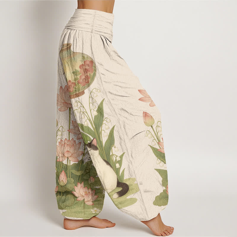 Buddha Stones Harembroek voor dames met elastische Taille en lotus- en kattenprint van 100% Cotton - image 2