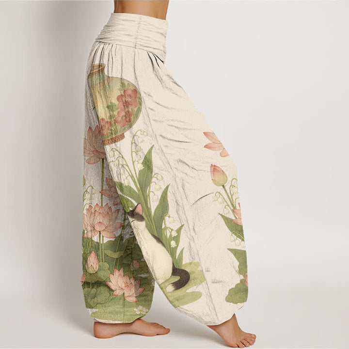 Buddha Stones Harembroek voor dames met elastische Taille en lotus- en kattenprint van 100% Cotton - image 2