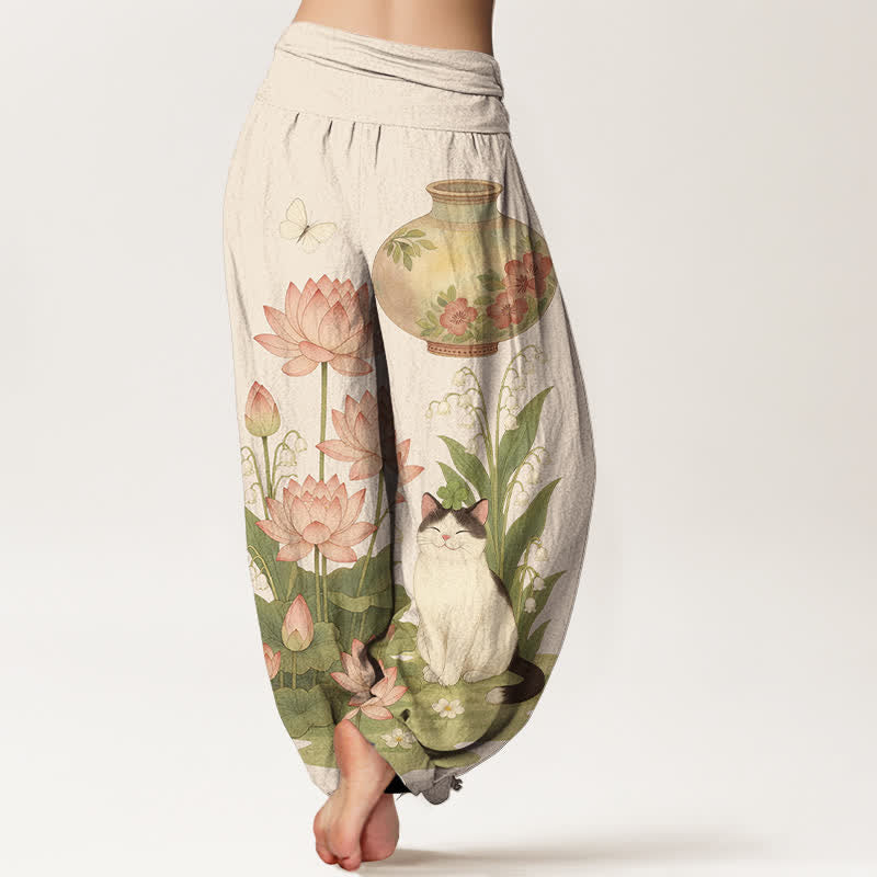Buddha Stones Harembroek voor dames met elastische Taille en lotus- en kattenprint van 100% Cotton - image 1