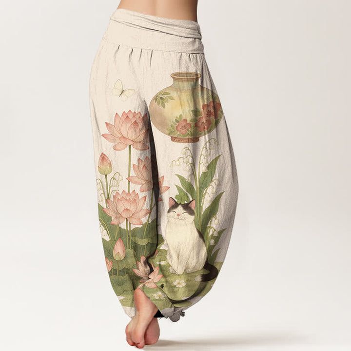 Buddha Stones Harembroek voor dames met elastische Taille en lotus- en kattenprint van 100% Cotton - image 1