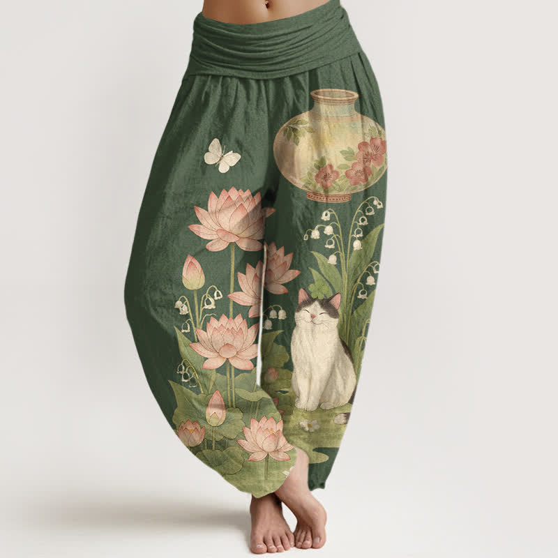 Buddha Stones Harembroek voor dames met elastische Taille en lotus- en kattenprint van 100% Cotton - Donker olijfgroen - US16, UK/AU20, EU48 (3XL) - image 5