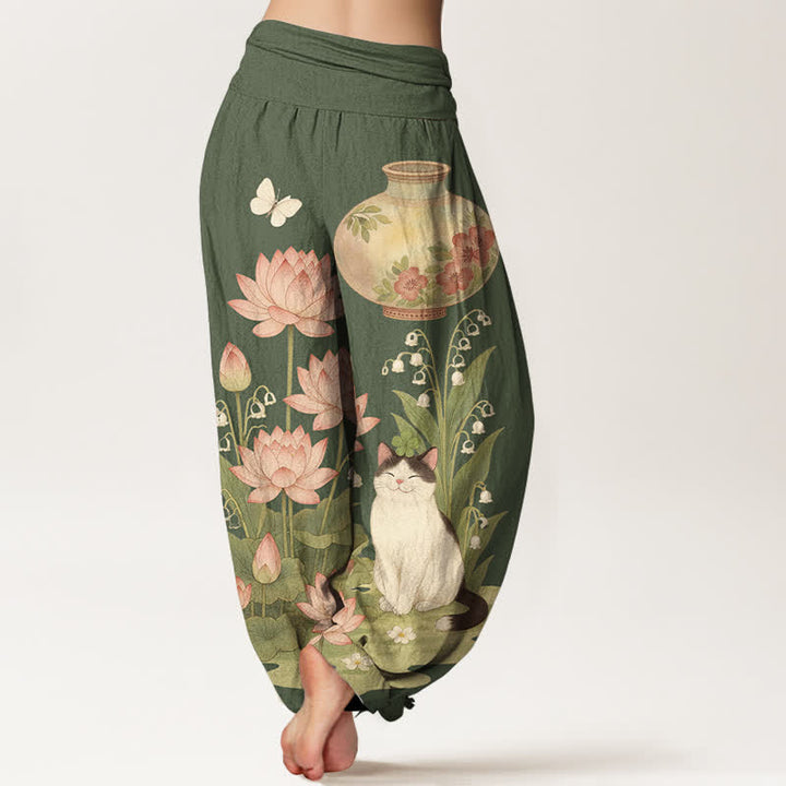 Buddha Stones Harembroek voor dames met elastische Taille en lotus- en kattenprint van 100% Cotton - image 6