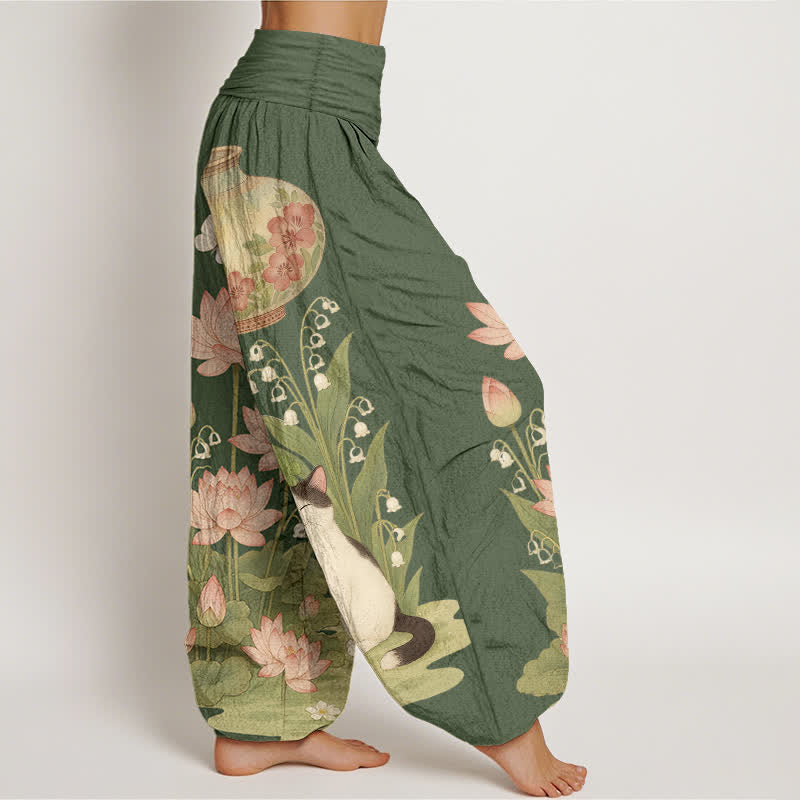 Buddha Stones Harembroek voor dames met elastische Taille en lotus- en kattenprint van 100% Cotton - image 7