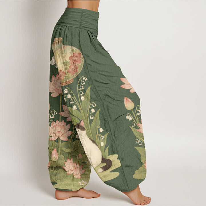 Buddha Stones Harembroek voor dames met elastische Taille en lotus- en kattenprint van 100% Cotton - image 7