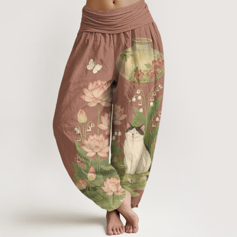 Buddha Stones Harembroek voor dames met elastische Taille en lotus- en kattenprint van 100% Cotton - Sienna - US16, UK/AU20, EU48 (3XL) - image 8