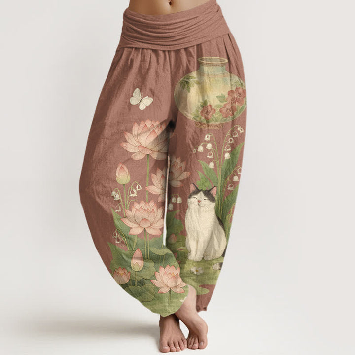 Buddha Stones Harembroek voor dames met elastische Taille en lotus- en kattenprint van 100% Cotton - Sienna - US16, UK/AU20, EU48 (3XL) - image 8