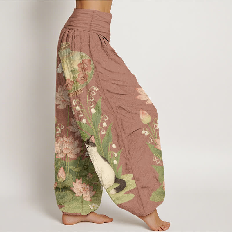 Buddha Stones Harembroek voor dames met elastische Taille en lotus- en kattenprint van 100% Cotton - image 10